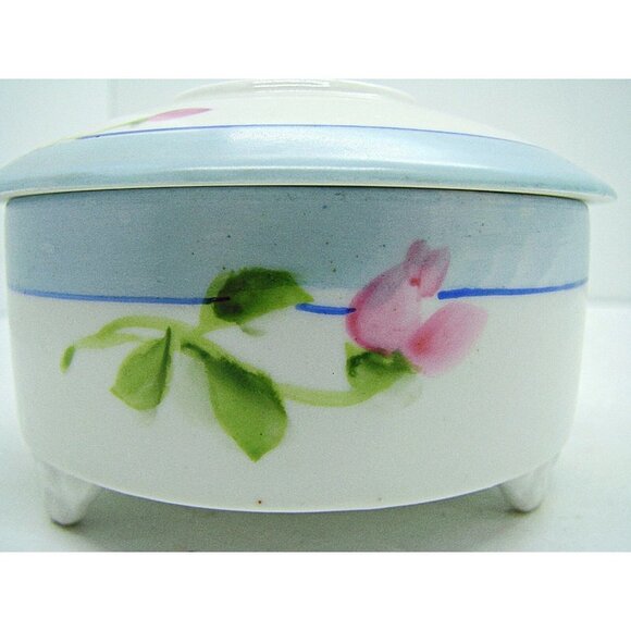 Vintage Hair Receiver Trinket Dish Floral Porcelain Hand Painted Footed w/ Lid - Picture 10 of 12